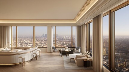 Luxurious modern apartment interior featuring a cityscape through large windows