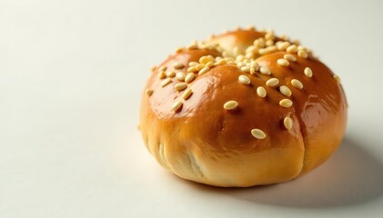 Fototapeta premium Perfectly formed sesame seed bun, smooth surface, baked, gourmet