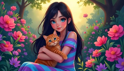  a young woman with long dark hair and blue eyes, sitting in a garden with a red cat. The woman is wearing a blue and purple striped dress and is holding the cat in her arms. 