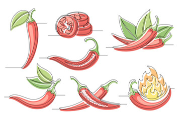 Chili pepper red continuous one line drawing set. Outline chili pepper vegetable icon collections isolated on a white background. Editable stroke. Vector illustration
