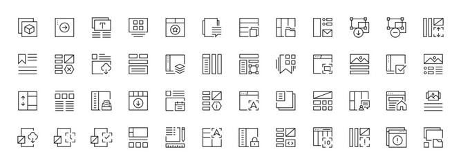 Layout icon collection. Grid icon set. User interface icons, sidebar, layout, grid system, toolbar, wireframe, alignment guide, configuration and more. Editable stroke. Pixel Perfect.
