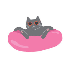 summer beach vibe cat png vector illustration on transparent background. cute cartoon black cat on holiday at the seaside. hand drawn vacation cat clip art on rubber ring