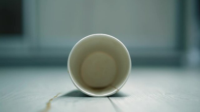 An empty coffee cup fell on the floor.
A takeaway coffee cup fell on the floor.
A puddle and splashes of coffee on the wooden floor in the room.
Dirty floor