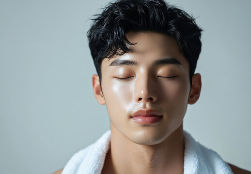 Young Asian man with black hair feels relaxed and refreshed after spa session