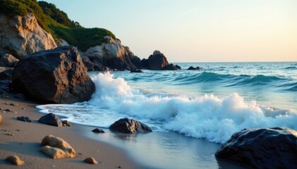 Gentle waves caress the rocky shore, rock, landscape
