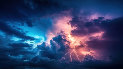 Obraz premium A dramatic thunderstorm with lightning illuminating dark clouds.