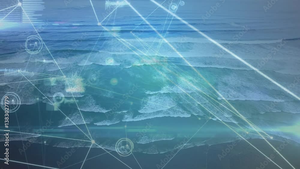 Poster digital network connections and data processing animation over ocean waves
