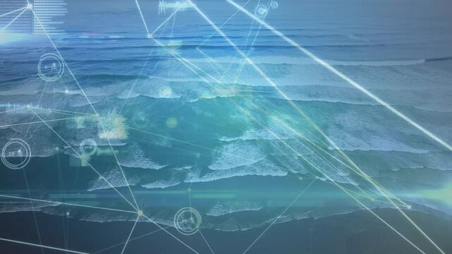 Digital network connections and data processing animation over ocean waves