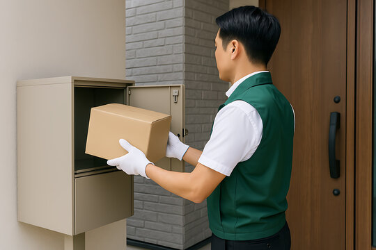 宅配業者が宅配ボックスに荷物を入れる