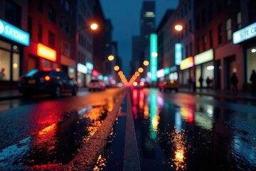 Fototapeta premium Abstract late-night city lights reflecting on wet pavement, evening, building