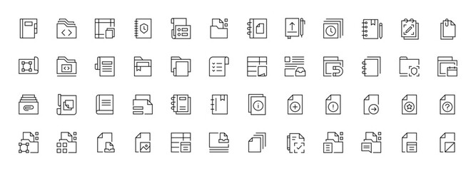 Document icon set. Paper document icons in line style. Note, task, folder, file, invoice, blank, checklist, business planning and more.