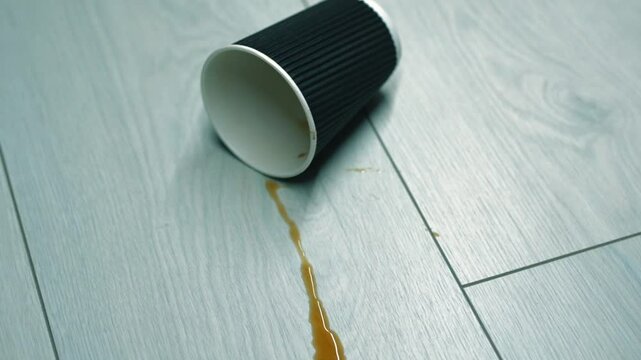 El vaso de caf&eacute; cay&oacute; al suelo y se hizo a&ntilde;icos.
Un vaso de pl&aacute;stico yace sobre un suelo de madera blanca.
Vaso negro para bebidas calientes en el suelo.