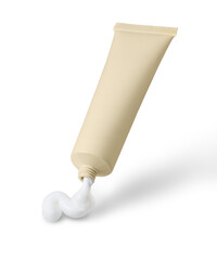 Cosmetic cream tube of flash color with white product squeezed on white background