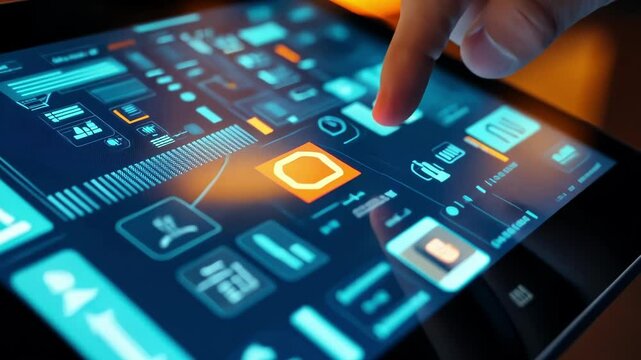 A closeup of a developers hand scrolling through a project management tool on a touchscreen tablet with other team members engaged in discussion in the blurred background illustrating
