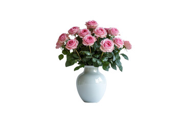 Beautiful pink rose bouquet flower with white vase, isolated on a transparent background