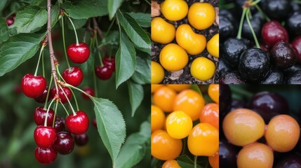 Colorful cherry varieties, orchard, ripe fruit, summer harvest, food photography