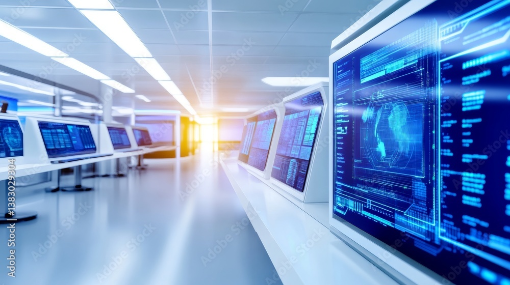 Poster futuristic control room with multiple screens displaying data and analytics at sunset