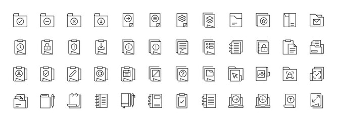 Document icon set. Paper document icons in line style. Clipboard, certificate, folder, file, invoice, archive, checklist, business planning and more.