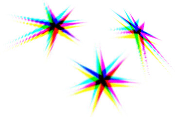 Set of seven-rayed halftone rainbow stars. Vector.