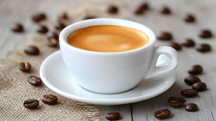 Cup of Freshly Brewed Espresso with Coffee Beans on Rustic Wooden Table