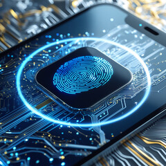 A hyper-realistic close-up of a glowing blue fingerprint scanner on a futuristic touchscreen, surrounded by holographic security icons and encrypted data streams.