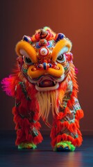 A lion dancer in slow motion emanates vibrant hues, energizing the festive scene. Vertical.