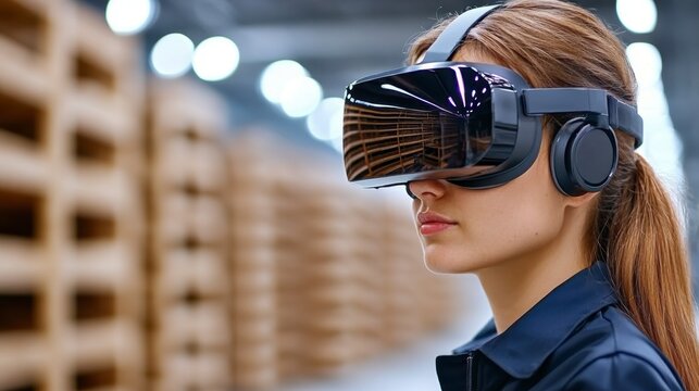Woman in dark blue uniform uses VR headset in warehouse setting.