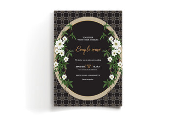 WEDDING INVITATION FRAME WITH FLOWER DECORATIONS AND FRESH LEAVES