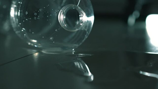 Une bouteille en plastique est pos&eacute;e sur le sol.
Une flaque d'eau et une bouteille d'eau.
De l'eau renvers&eacute;e sur un plancher en bois blanc.
De l'eau s'est renvers&eacute;e sur le stratifi&eacute; de la pi&egrave;ce