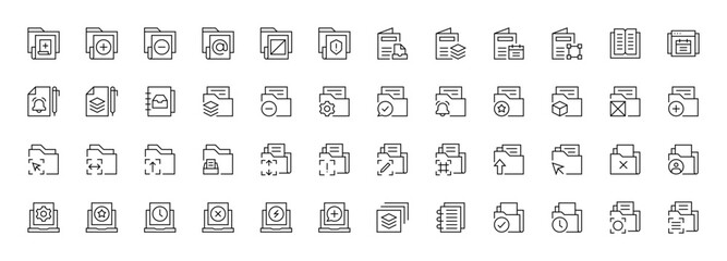 Document icon set. Paper document icons in line style. Task, legal document, folder, file, invoice, archive, checklist, business planning and more.