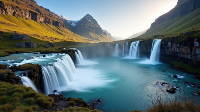 Professional photo of Steinsdalsfossen waterfall in Norway during midday, with sunny weather, shot from a panoramic angle.