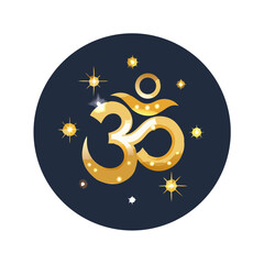 Golden Om symbol with stars on dark circular background