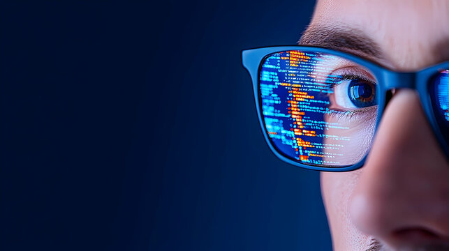 A focused developer wearing glasses to view digital technology while analyzing programming code