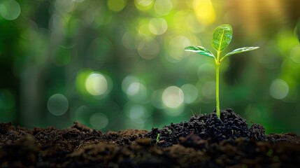 A small green sprout grows from the black soil