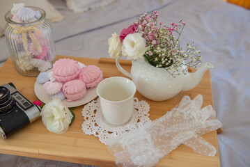 Beautiful floral interior with bed. High quality photo