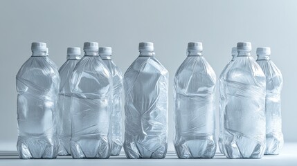 Precisely wrapped collection of identical bottles, industrial shrink wrap texture details, professional product photography, factory floor aesthetic, environmental consciousness theme, clean