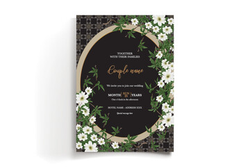 WEDDING INVITATION FRAME WITH FLOWER DECORATIONS AND FRESH LEAVES