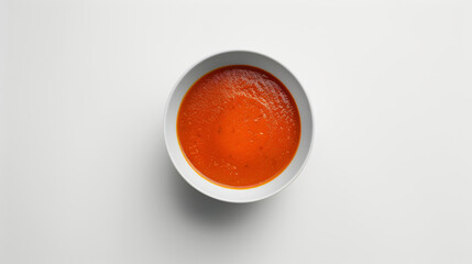 A bowl of tomato soup centered on a black background, highlighting the vibrant red color and texture of the soup