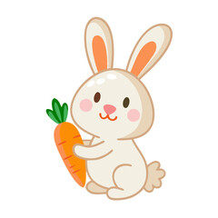 Fototapeta premium Smiling rabbit holding carrot with blushing cheeks