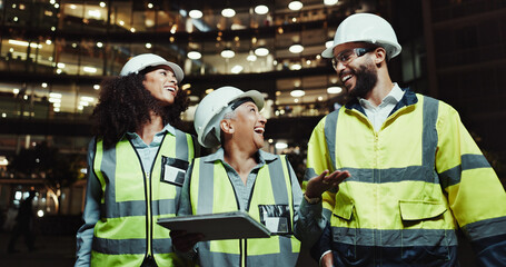 Construction, teamwork and happy with tablet outdoor for urban expansion, city planning and site inspection at night. Maintenance, group and people with laughing for funny conversation and overtime