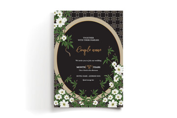 WEDDING INVITATION FRAME WITH FLOWER DECORATIONS AND FRESH LEAVES