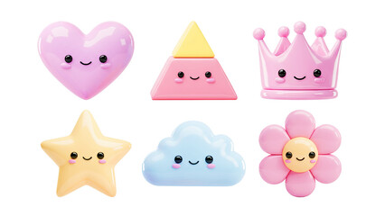 3D Pastel Cute Icons with Happy Faces Isolated on White