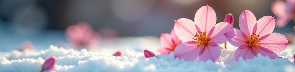 Fototapeta premium Delicate flower blooms on a snowy white surface, petal, garden