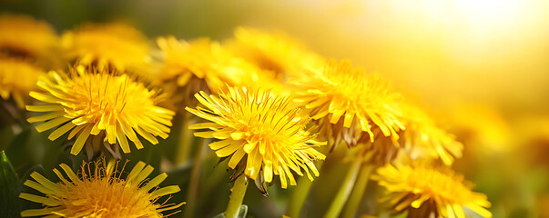 Obraz premium A vibrant close-up of blooming yellow dandelions under warm sunlight in a sunlit meadow with a soft-focus background filled with green stems and leaves