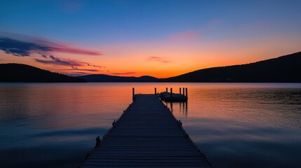 Serene sunrise over lake, wooden dock, calm water, mountains. Peaceful nature scene, ideal for travel brochures