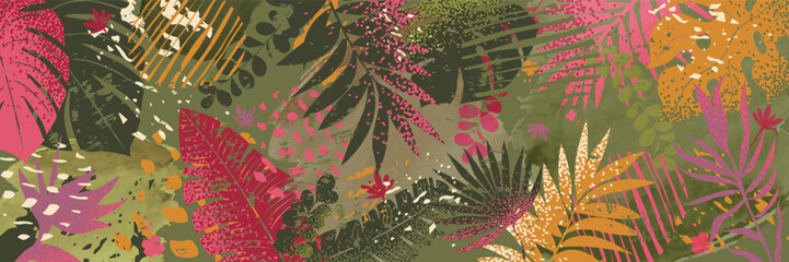 Horizontal background with a tropical pattern of abstract plants. Suitable for sales, advertising, decoration, wallpaper, banners, interior.
