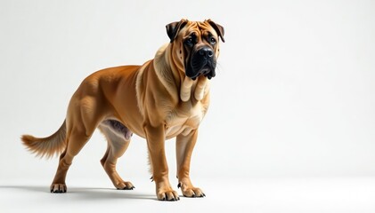 Obraz premium Majestic mastiff, powerful stance, white background, ears, giant, isolated