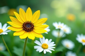 Obraz premium One bright yellow sunflower amidst white daisies, single, yellow