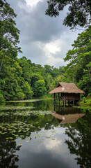  Tranquil Lakeside Retreat: A Thatched Roof Hut Amidst Lily Pads & Lush Greenery