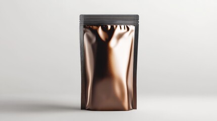 premium snack pouch mockup with lustrous metallic finish, dimensional bag shape with natural creases, isolated presentation, pure white environment, soft gradient lighting emphasizing packaging